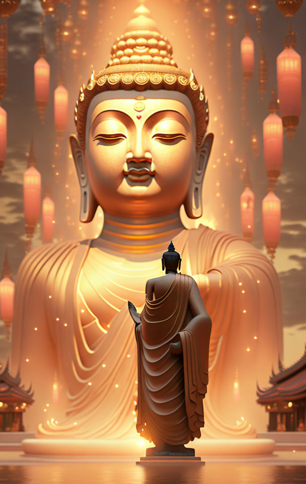 Cloaked figure at golden Buddha statue with lanterns and temples