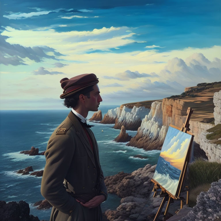 Person in vintage outfit ponders seascape painting on clifftop