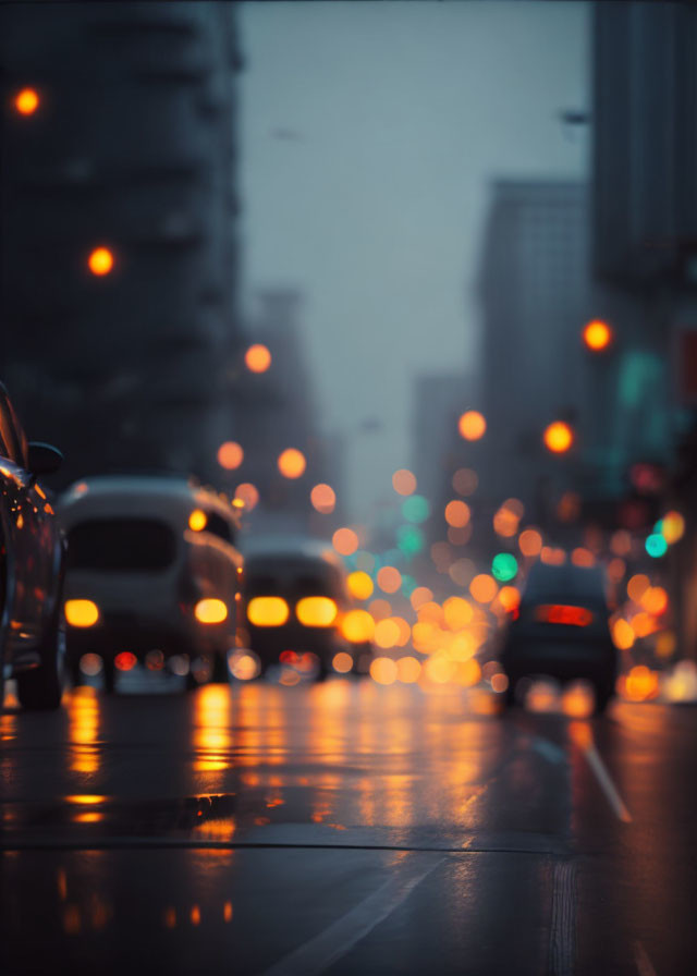 Blurred city lights and vehicles on rain-soaked street at dusk