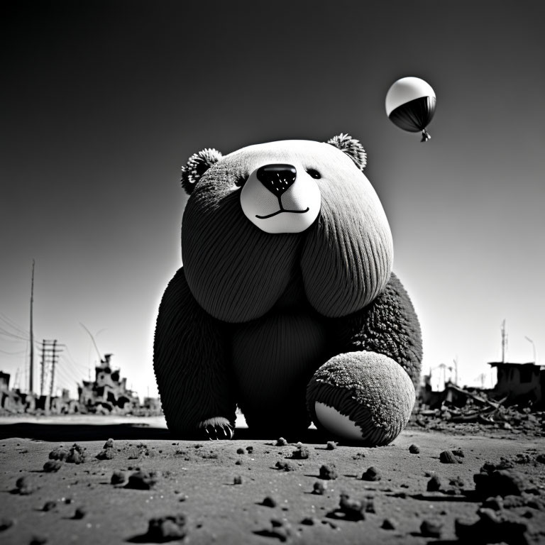 Monochrome oversized teddy bear in desolate landscape with hot air balloon