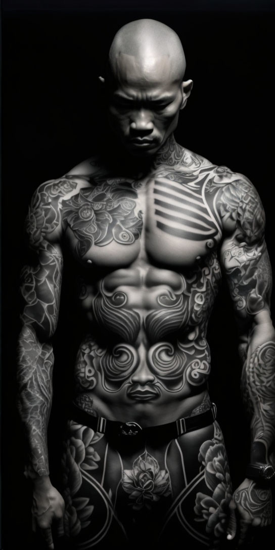 Muscular person with tattooed upper body on black background.