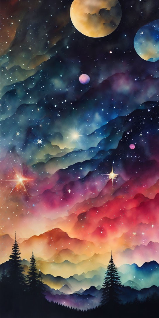 Night Sky Illustration: Gradient Colors Blend into Forest Silhouette