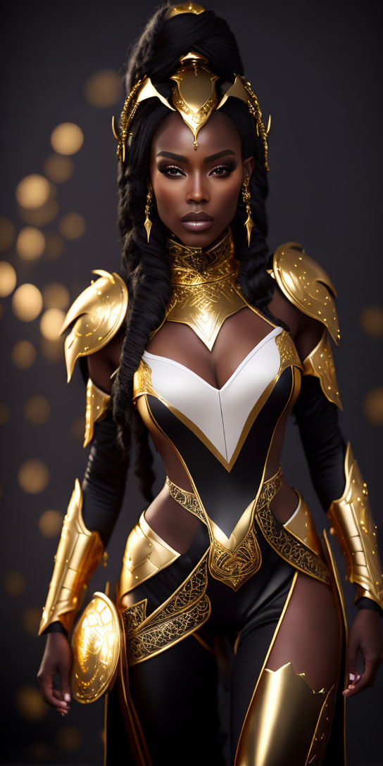 Woman in Striking Makeup and Braided Hair in Elaborate Black and Gold Armor Against Soft Gl