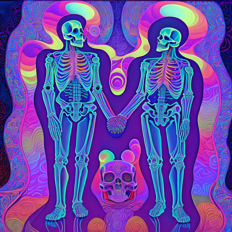 Neon-colored skeletal figures on psychedelic background with skull.