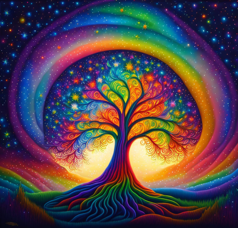 Colorful Tree Painting with Swirling Patterns under Starry Sky