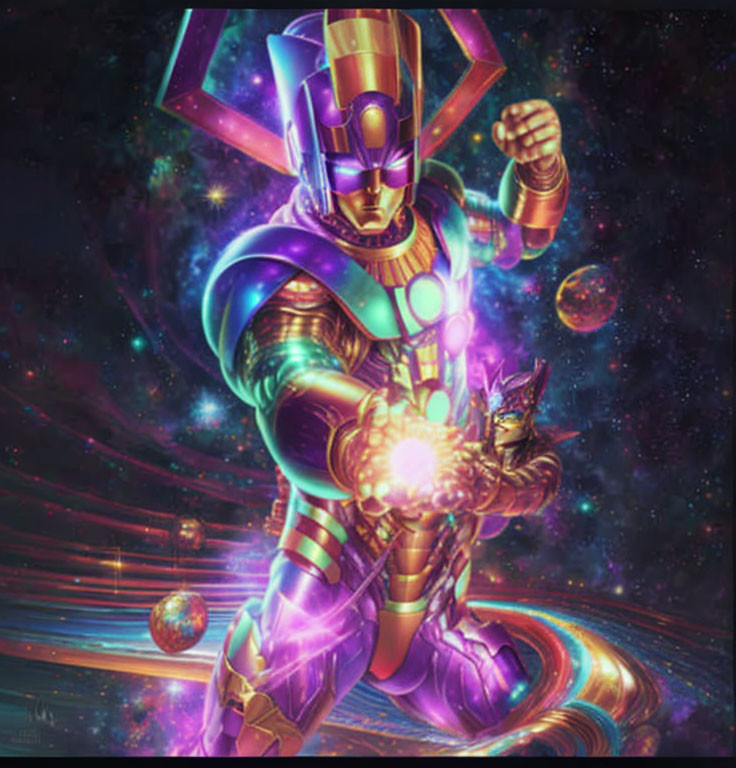 Cosmic armored superhero with glowing power centers in space