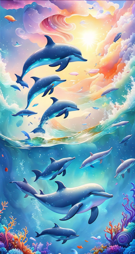 Colorful dolphins leaping in vibrant ocean scene.