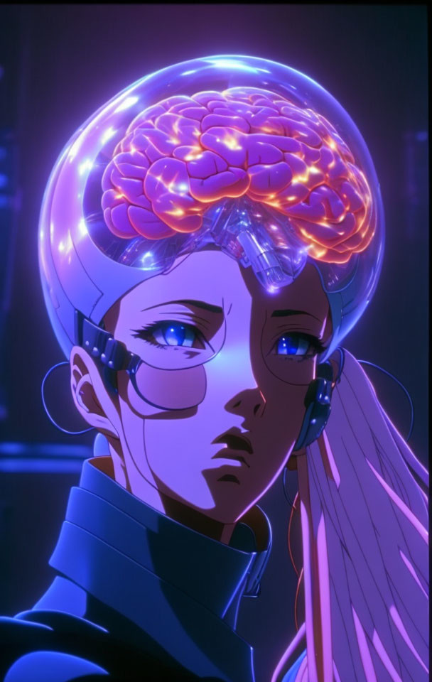 Glowing brain in dome with glasses and headset on neon backdrop