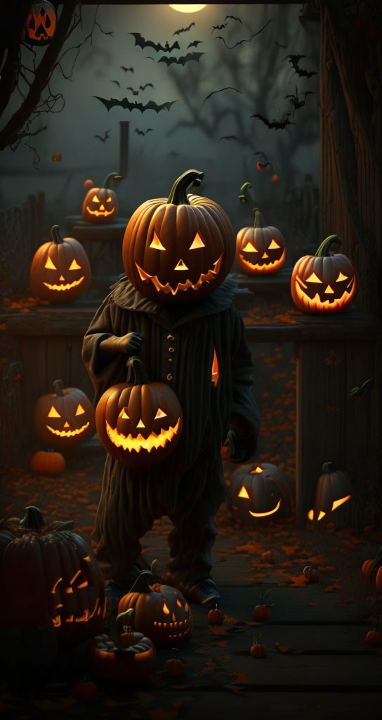 Person in Pumpkin Head Costume Surrounded by Lit Jack-o'-lanterns