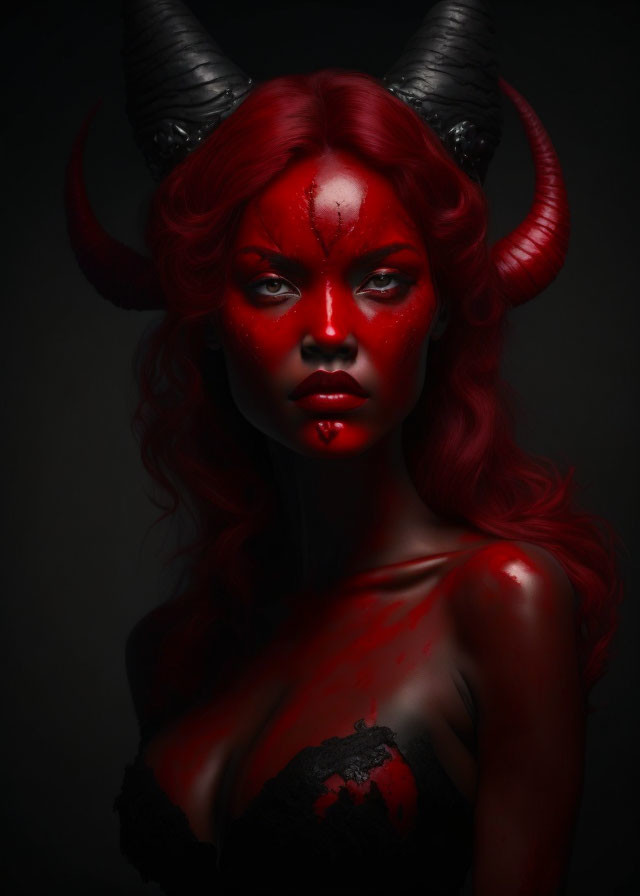 Red-skinned horned figure with blood-like substance on dark background