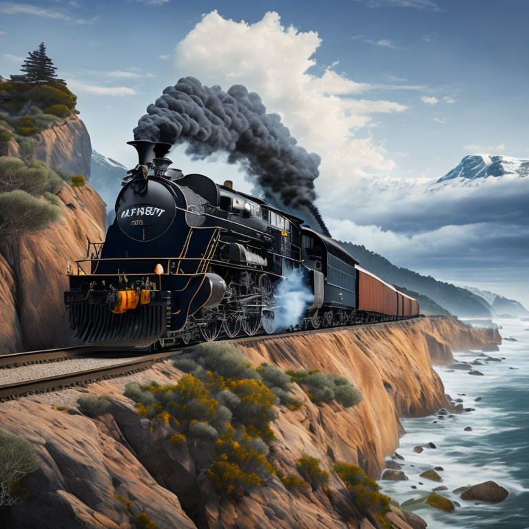 Vintage Black Steam Locomotive Traveling Coastal Tracks with Smoke and Mountain Background