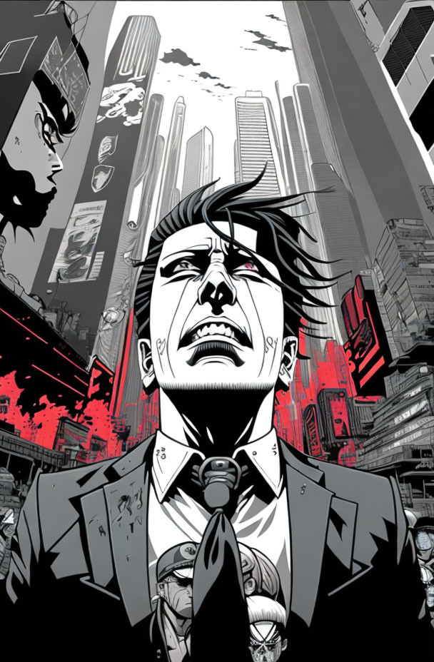 Man in suit gazes upwards in cityscape artwork.