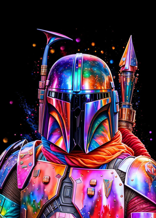 Colorful bounty hunter illustration with cosmic background