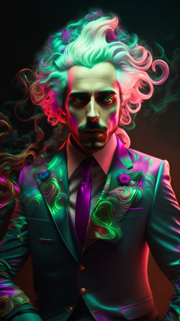 Stylized image of person with green and purple lighting and flowing hair