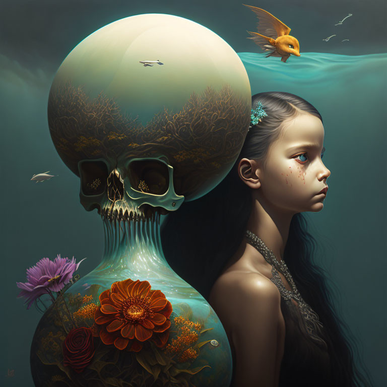 Surreal portrait: girl's face merges with floral skull, fish, dark teal backdrop