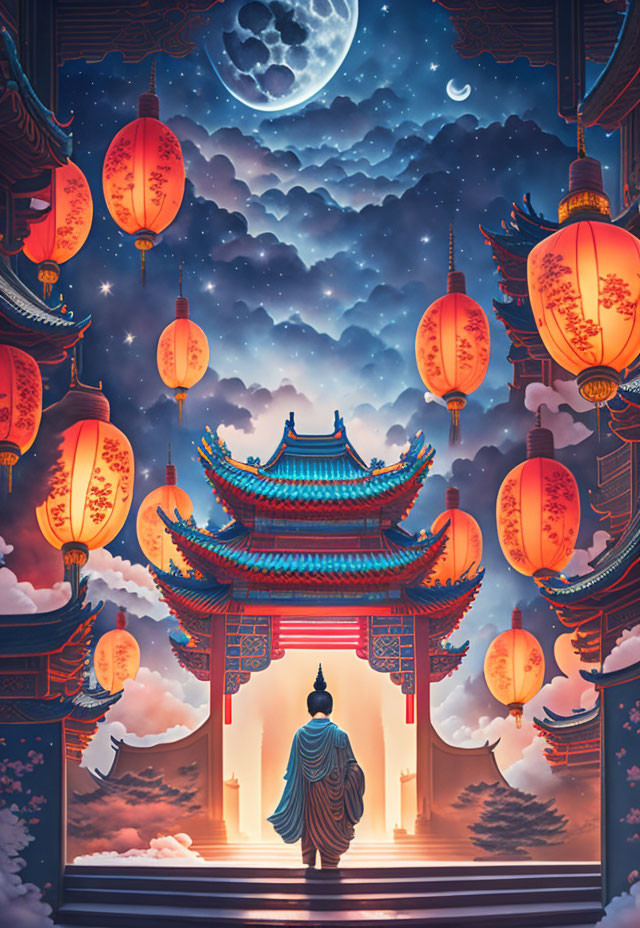 Traditional attire person gazes at starry night sky with full moon, red lanterns, pagoda