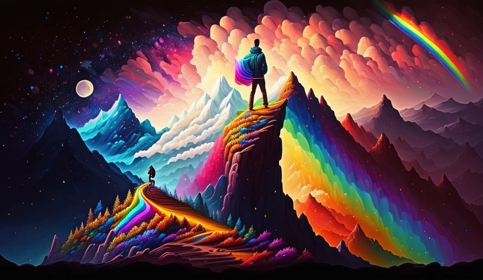 Colorful Mountain Peak with Rainbow Overlooking Fantastical Landscape