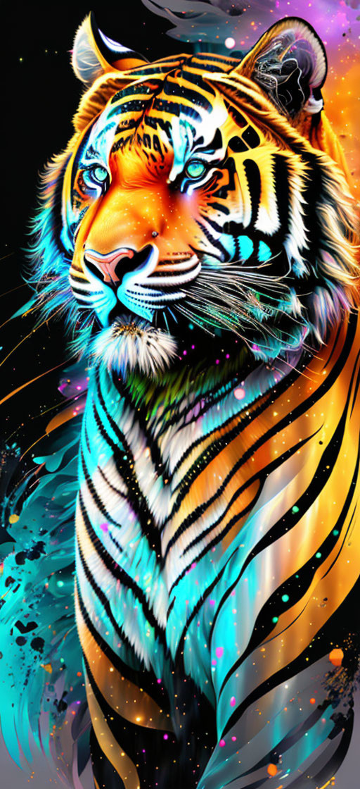 Colorful neon tiger illustration on dark background