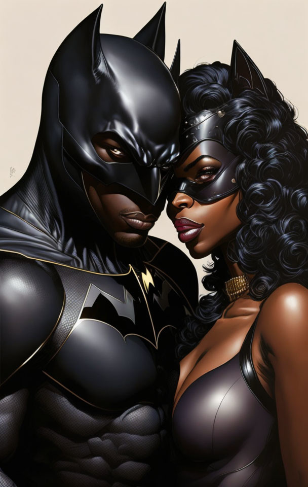 Batman and Catwoman Close-Up Illustration in Iconic Masks and Costumes