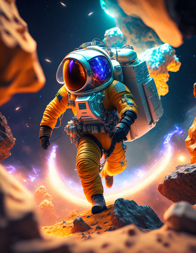 Astronaut with Reflective Visor Floats Among Fiery Asteroids