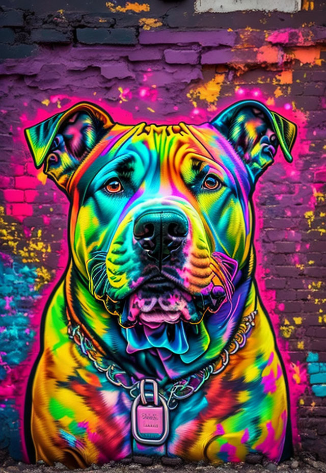 Vivid psychedelic dog graffiti on brick wall