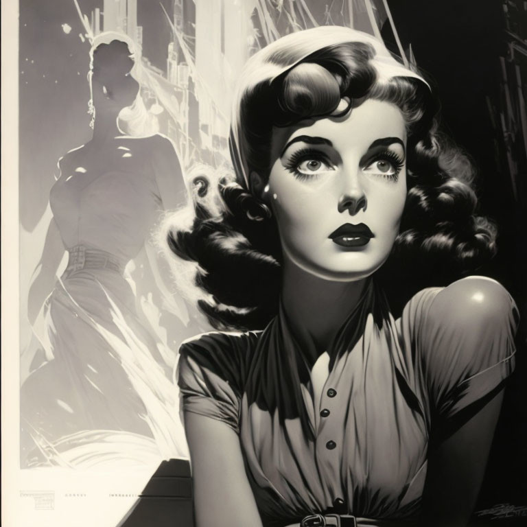 Monochrome illustration of woman with vintage style, shadowy figure, high-rise buildings