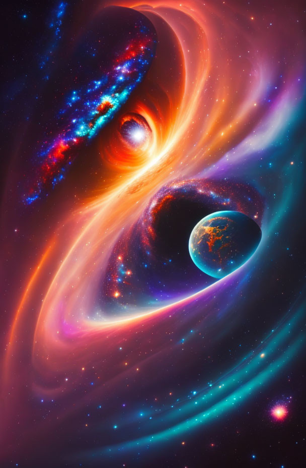 Colorful cosmic space digital artwork with swirling galaxies, supernova star, and vibrant planet.