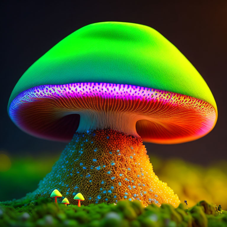 Vivid Green Cap Mushroom Towering Over Smaller Fungi