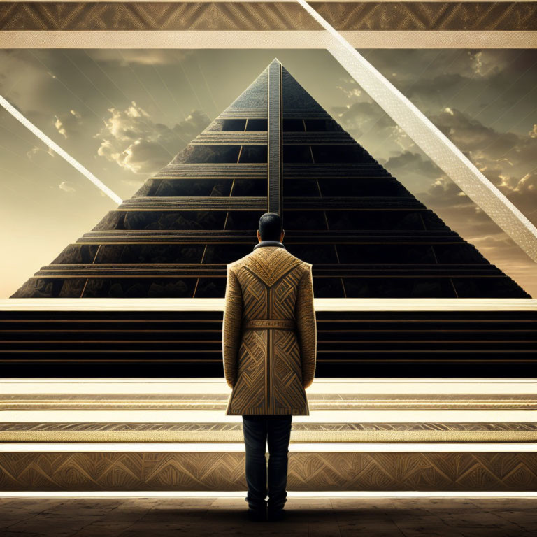 Patterned Coat Figure at Futuristic Pyramid Under Split Sky