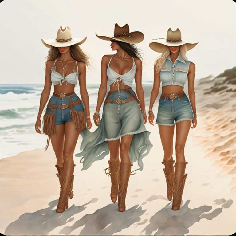 Three women in cowboy hats and boots walking on beach in denim shorts and white tops