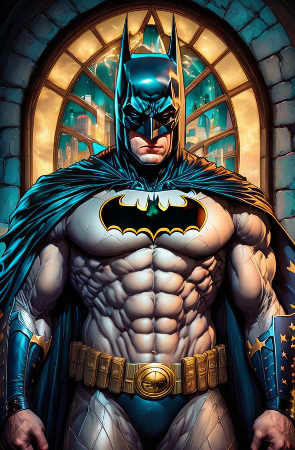 Batman in Blue and Gray Costume with Stained-Glass Background