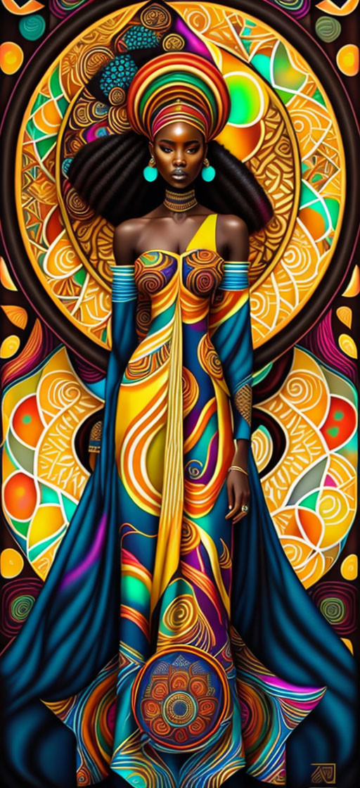 Colorful Woman Illustration with Ornate Headdress and Patterned Dress
