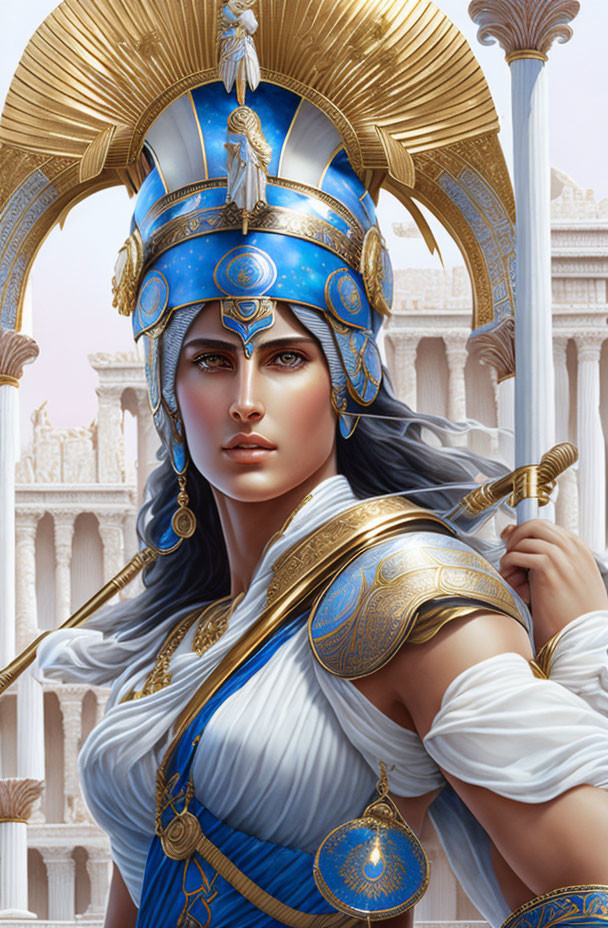 Fictional warrior woman in blue and gold armor with spear against ancient architecture