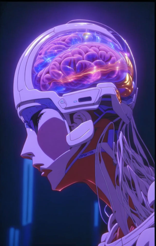 Cyborg with Visible Brain and Neuro-Circuitry in Dark Neon Environment