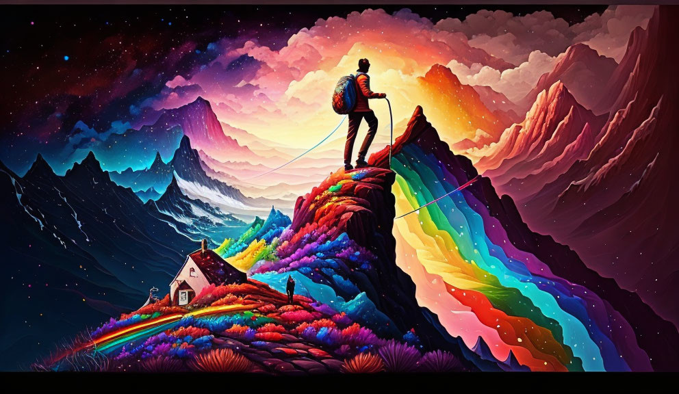 Colorful hiker on rainbow mountain ridge with starry sky and cozy house