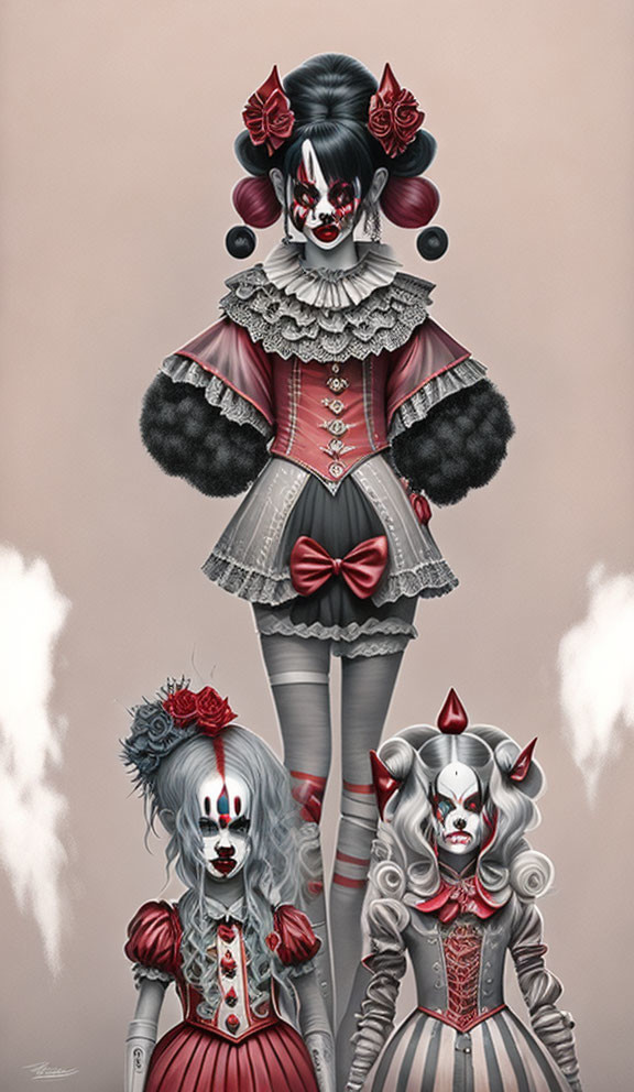 Gothic clown figures in dramatic makeup and dresses on tan background.