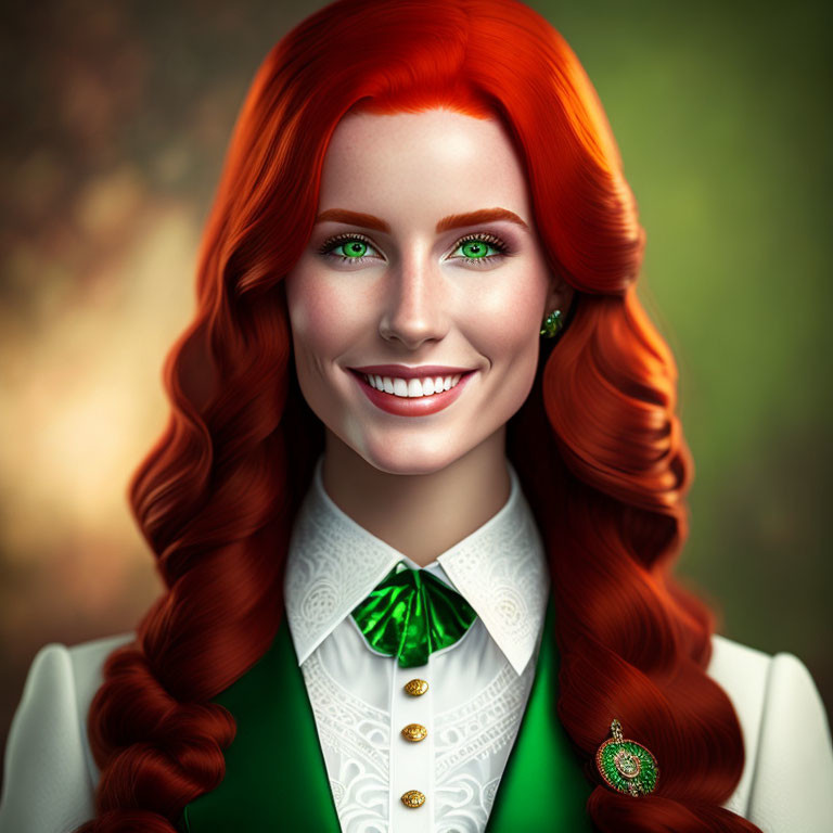 Smiling woman with red hair in green jacket and bow tie