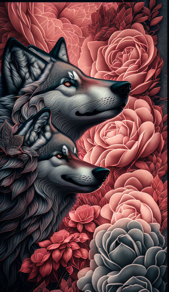 Two wolves in red and pink rose tapestry portrait