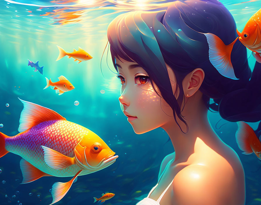 Vibrant underwater digital artwork with girl and fish