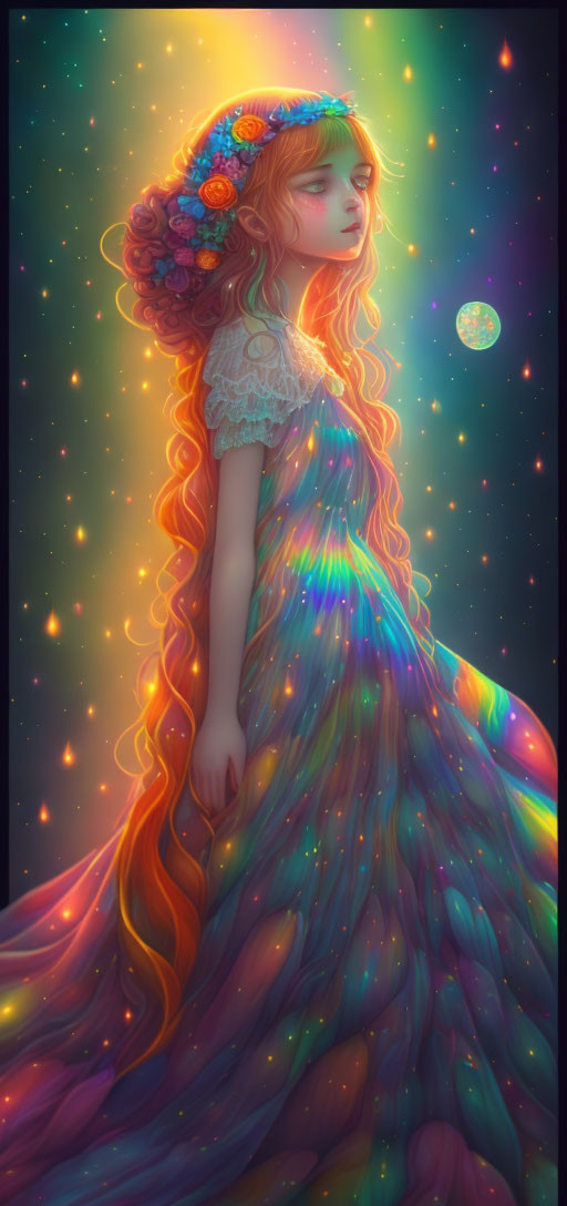 Multicolored hair girl in starry night dress with cosmic background