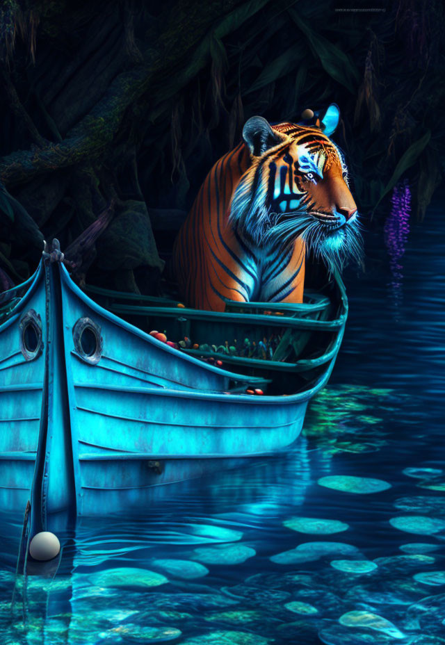 Tiger in blue boat surrounded by serene waters and lush green foliage