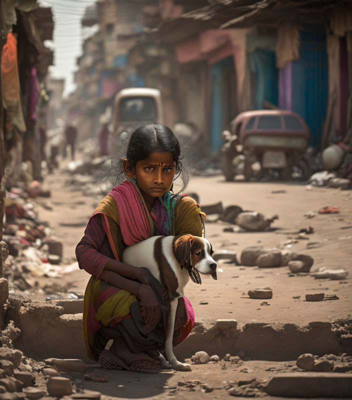 Colorfully dressed girl with dog on dusty street amid worn buildings and vehicles under hazy sky