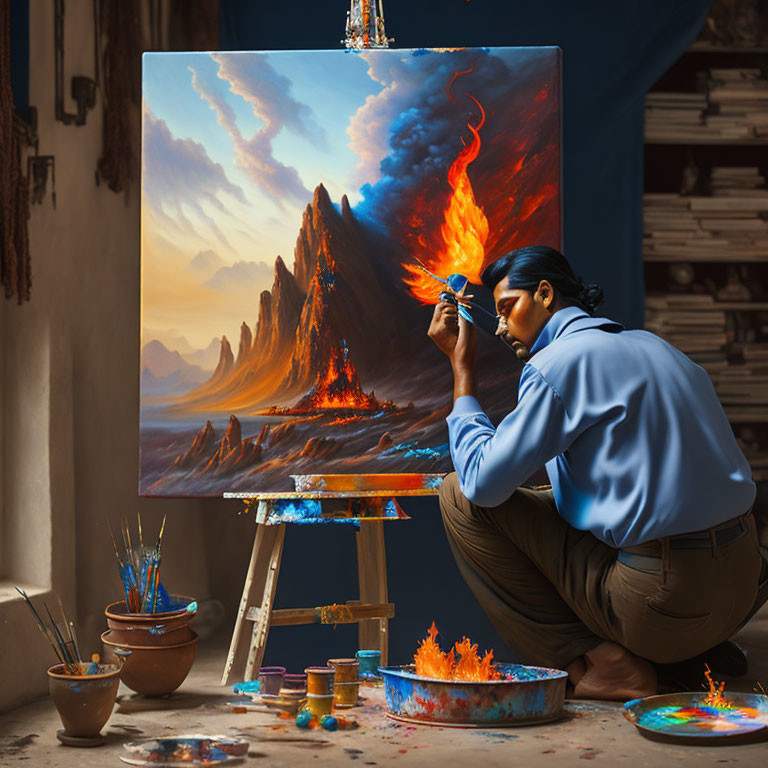 Artist paints fiery landscape in room with art supplies, books, and colorful window.