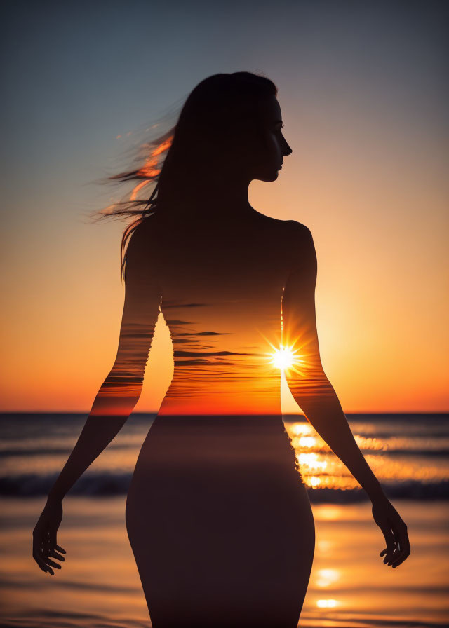 Woman's Silhouette at Sunset Beach with Perfect Sun Alignment