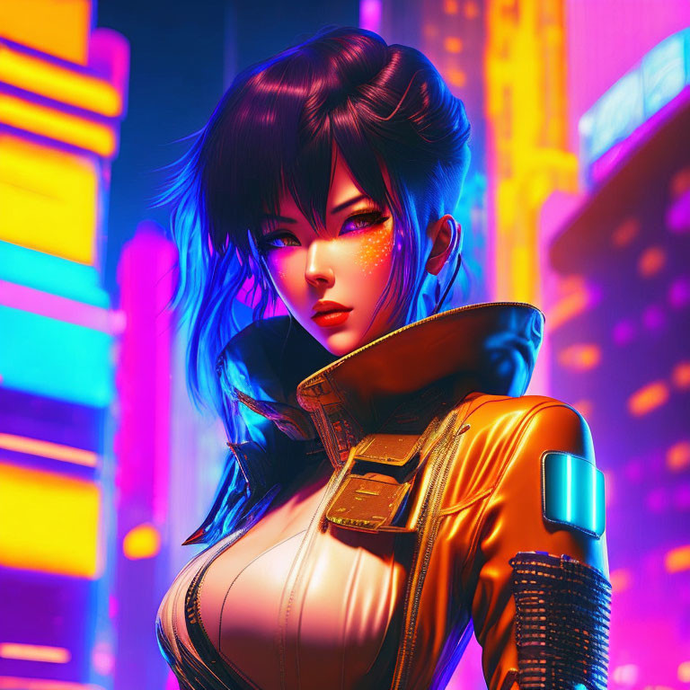 Digital artwork of woman in futuristic clothing against neon cityscape