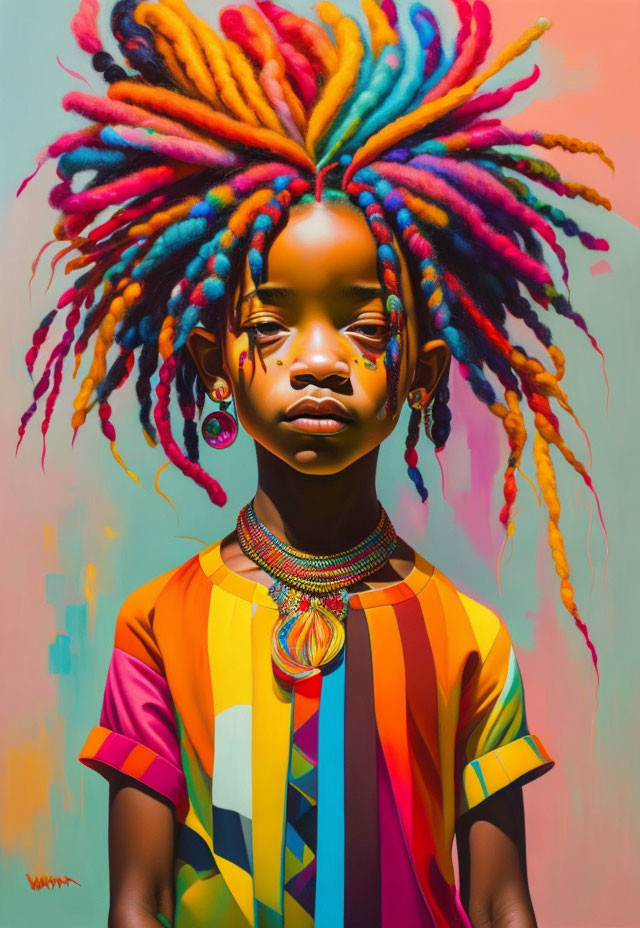 Vibrant portrait of young girl with multicolored dreadlocks & face paint