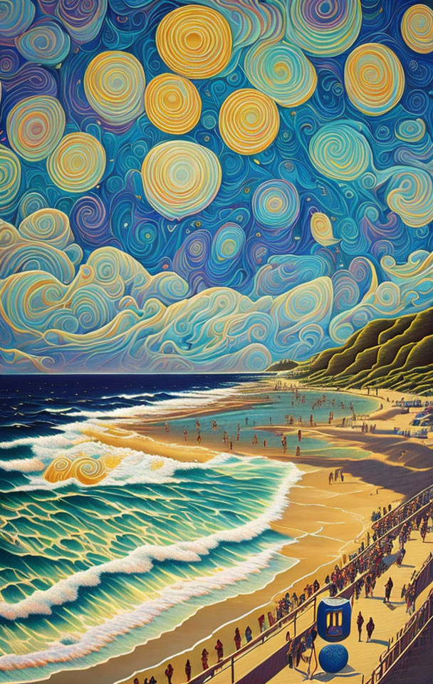 Vibrant beach scene with swirling skies and dynamic waves