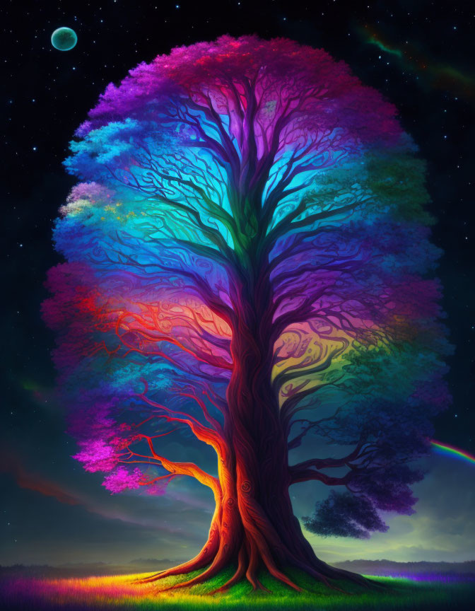 Multicolored tree against cosmic night sky