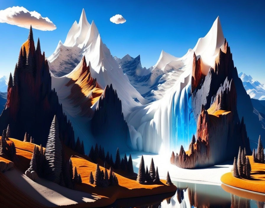 Snow-capped peaks, waterfalls, pine trees, and cliffs in surreal landscape