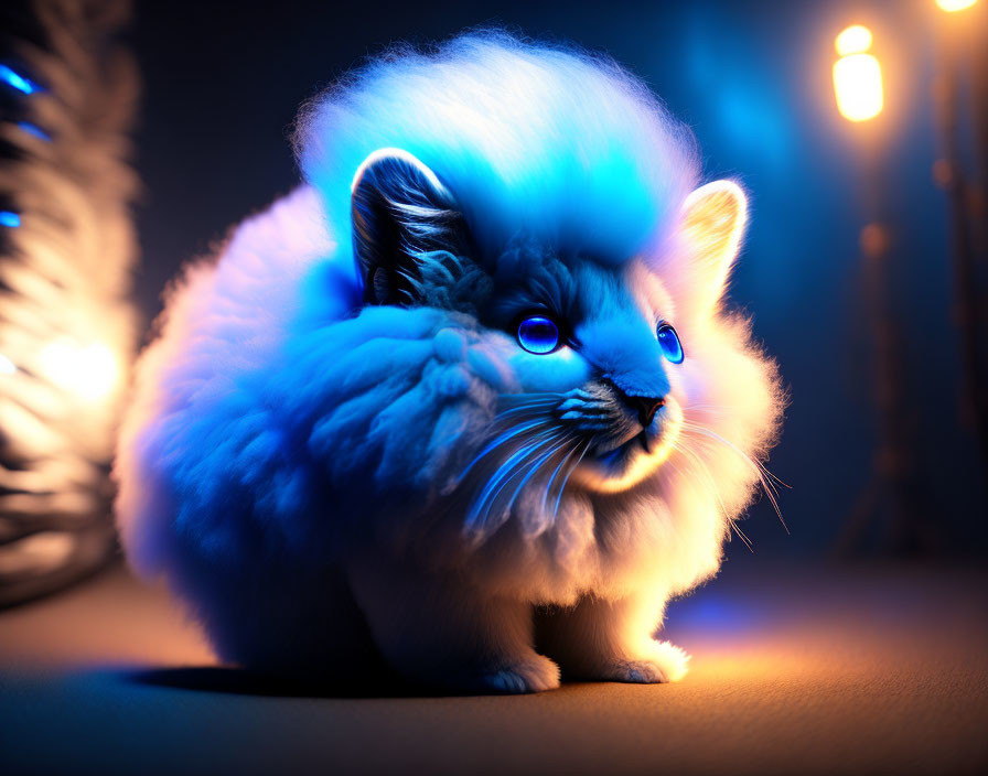 Fluffy Cat with Glowing Blue Eyes in Dramatic Lighting